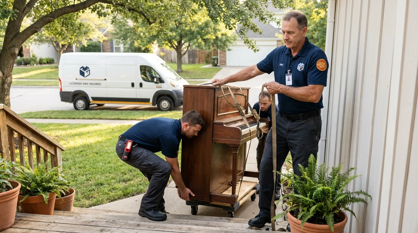 Licensed piano movers securing grand piano in Manitou Springs, CO