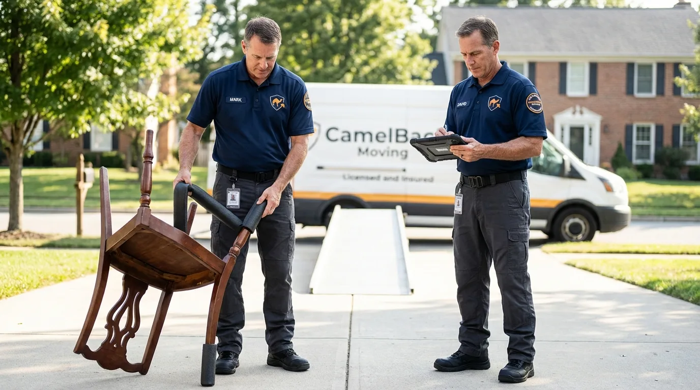 Movers inspecting furniture for damage prevention before loading in Manitou Springs, CO
