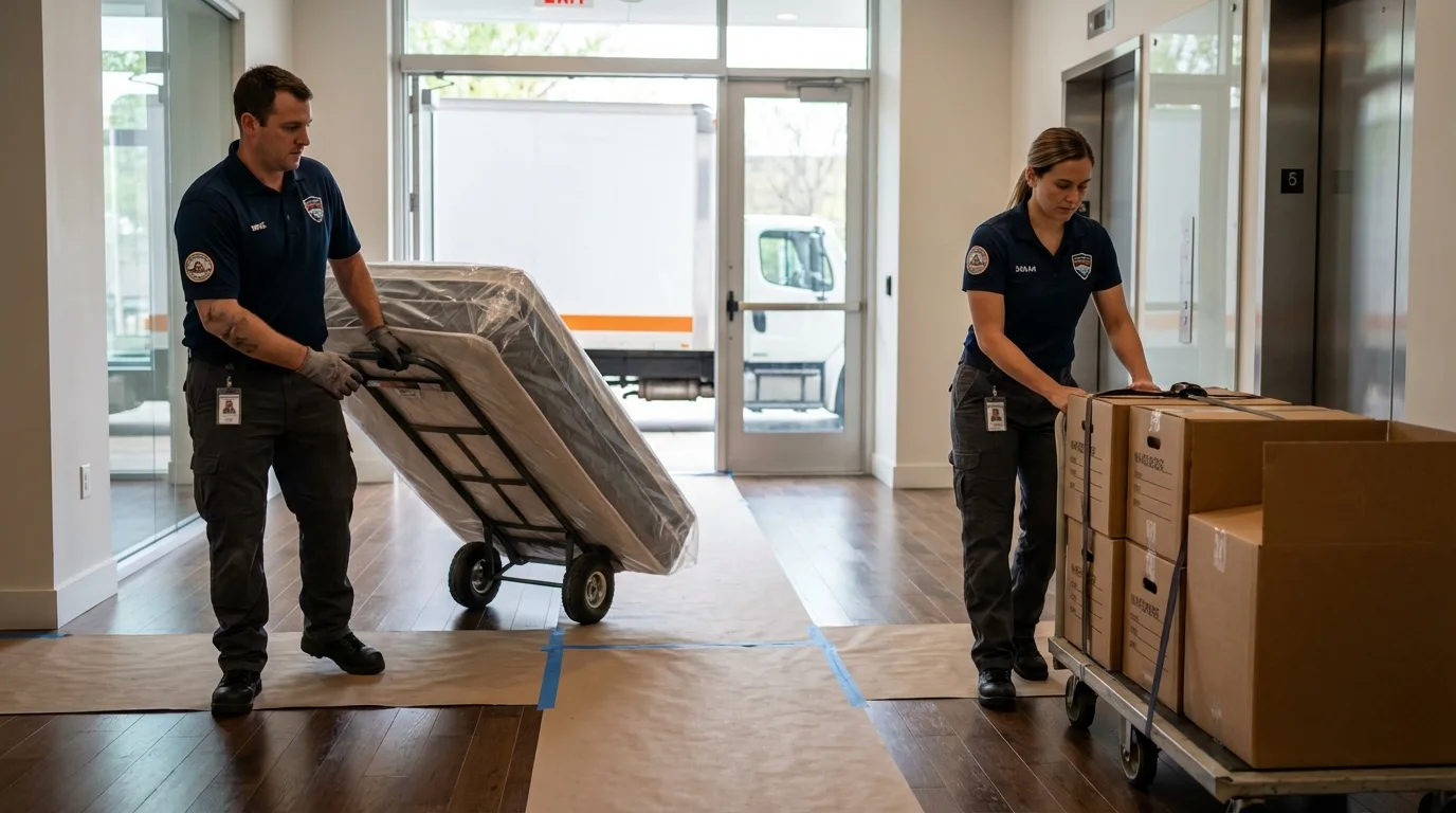 Professional apartment movers loading elevator in Manitou Springs, CO