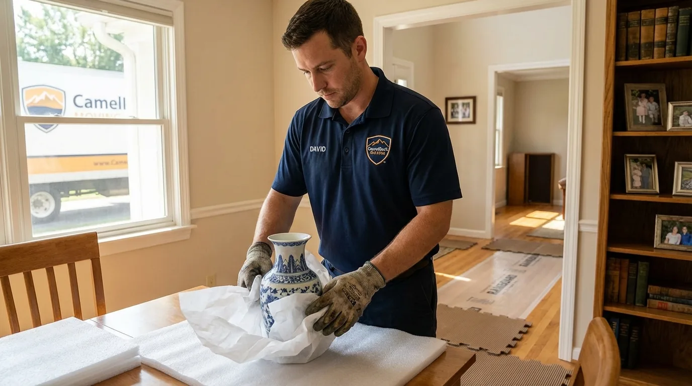 Professional crew carefully wrapping antique vase for senior downsizing move in Manitou Springs, CO